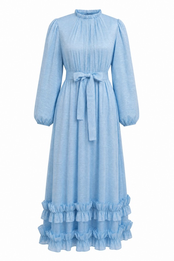 Long dress with ruffled neckline and hem, elasticated sleeves, crinkle crepe lining. -Baby Blue