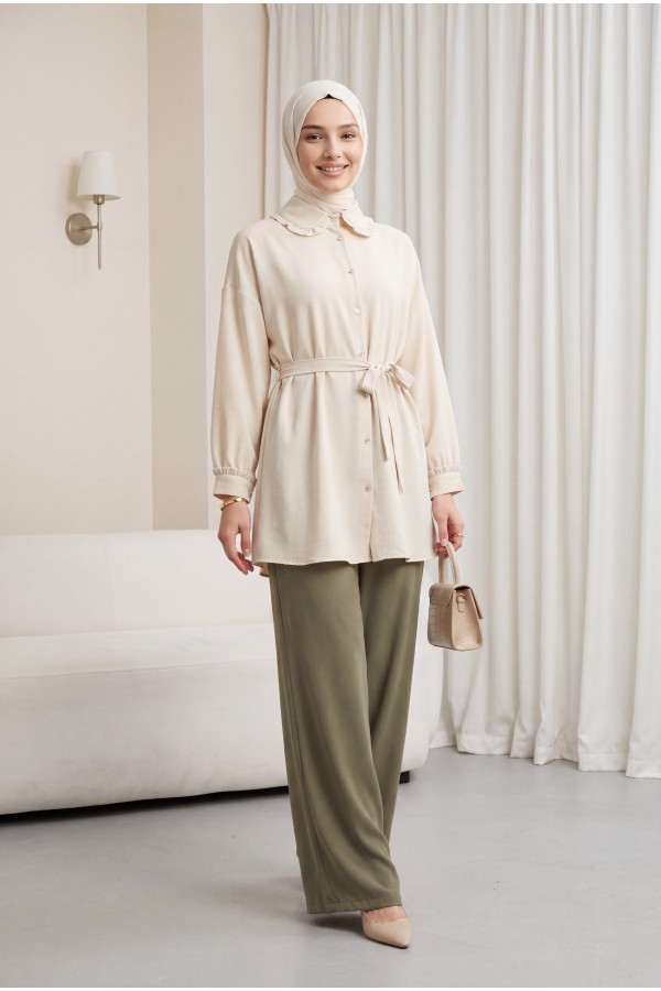 Imported Crepe Tunic with Stone Embellished Button and Bow, Peter Pan Collar - Beige