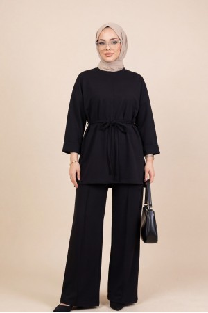Yırtmaçlı Beli Bağcıklı Kolu Katlamalı Pantolonlu Oyşo Takım -Siyah