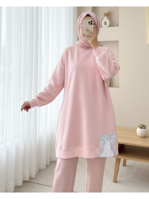 Yuvarlak Yaka Eteği Fiyonk Detaylı  Salaş Penye Tunik  -Pudra