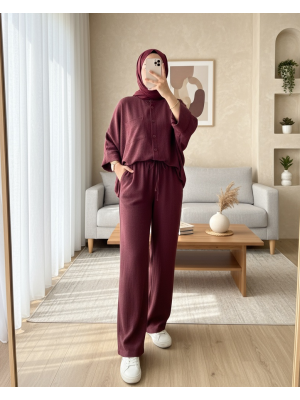 Çift Cepli Yarım Yarasa Kol Salaş Gömlek Takım  -Bordo