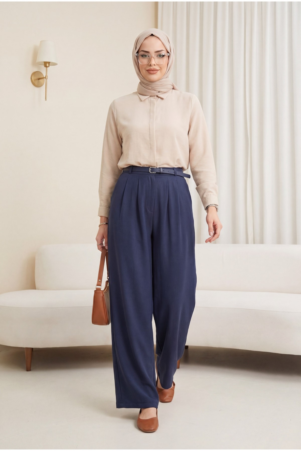 بنطلون Tencel Cupra بتفاصيل حزام خصر مطاطي -كحلي