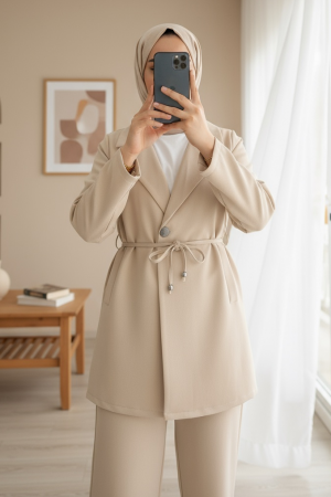 Kruvaze Yaka Çift Bağcıklı Ceket Pantolon Takım -Bej