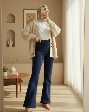 İspanyol Paça Bağcık Detaylı Kot Pantolon  -İndigo