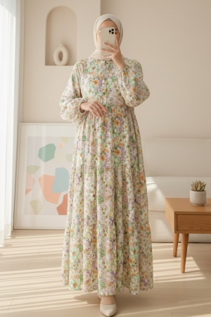 Half-Buttoned Floral Patterned Dress with Elastic Sleeves -Light yellow