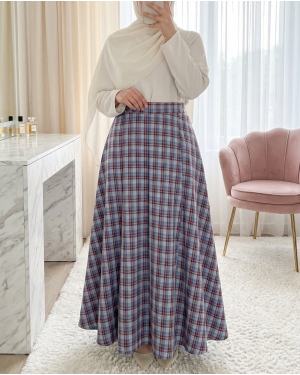 Beli Lastikli Ekose Desenli Poliviskon Etek -İndigo