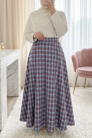 Elasticated Waist Plaid Pattern Polyviscose Skirt -İndigo