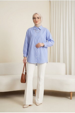 قميص مخطط مع تفاصيل حجرية مرشوشة -أزرق