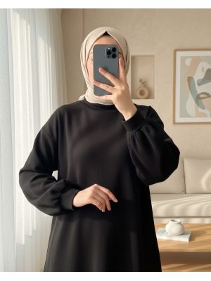 Boğazlı Üç İplik Polar   -Siyah