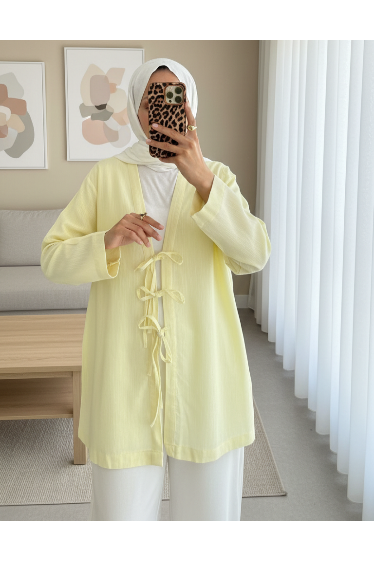 Önü Üç Bağcıklı Keten Görünümlü Kimono -Açık Sarı