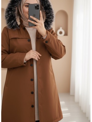 Çıkma Kapşonlu Çıtçıtlı Cepli Kısa Kaban -Taba