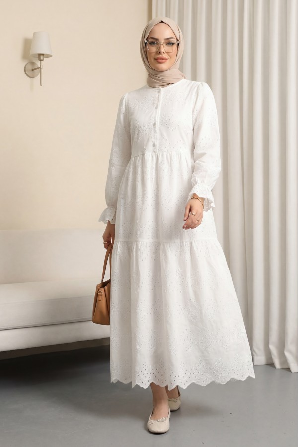 Half-Buttoned Lace Detail Waist Dress -White