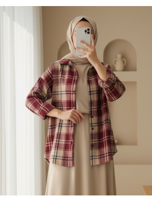 Kadın Ekose Desen Oversize Oduncu Gömlek 3854 Bordo