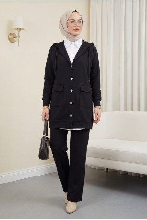 Kapşonlu Kapaklı Cepli Pantolonlu Takım  -Siyah