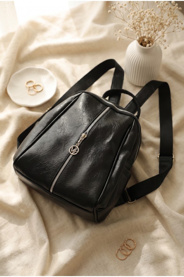 Soft Textured Double Compartment Women's Backpack -Black