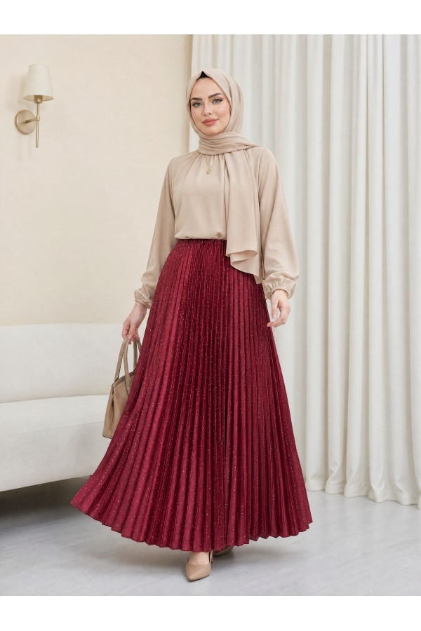 Stoned Pleated Skirt  -Red