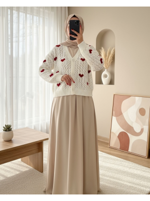 Kalp Desen Düğmeli Ajurlu Triko Hırka -Ekru