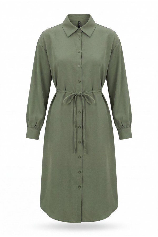Button-front shirt collar, tie-waist long modal tunic -Khaki