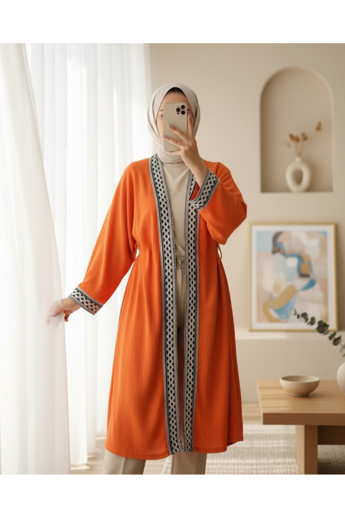 Ethnic Striped Tie Long Kimono -Orange