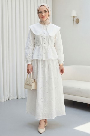 Bebe Yaka Beli Lastikli Bağcıklı Nakışlı Astarlı Keten Takım  -Beyaz