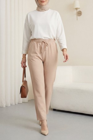 Beli Bağcıklı Dar Paça Pantolon -Bej