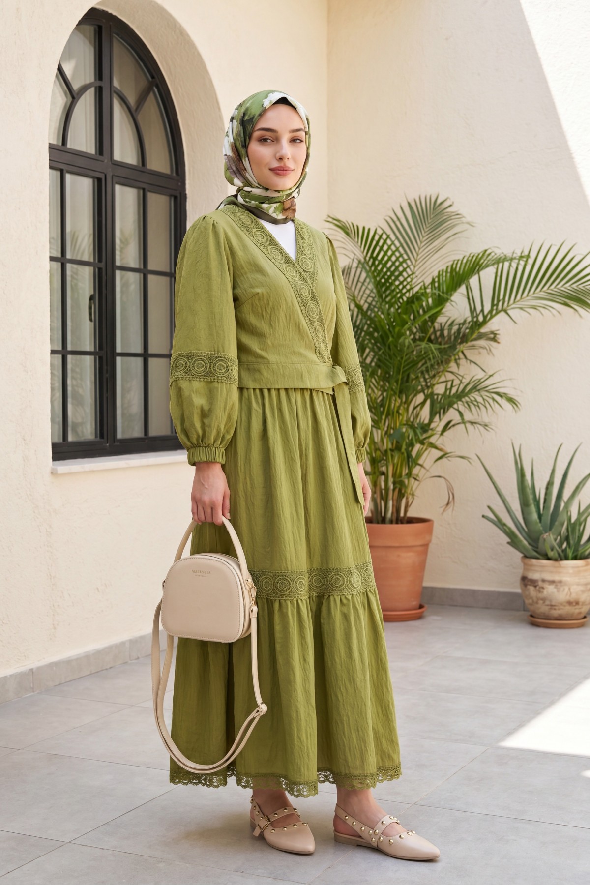 Lace Detailed Tied Elastic Sleeve Knit Skirt Suit -Olive