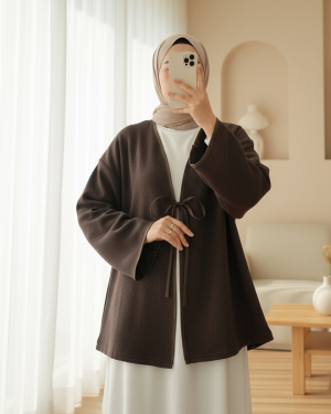 Önü Bağlamalı Deri Detaylı Salaş Kimono  -Toprak