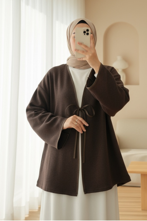 Önü Bağlamalı Deri Detaylı Salaş Kimono  -Toprak