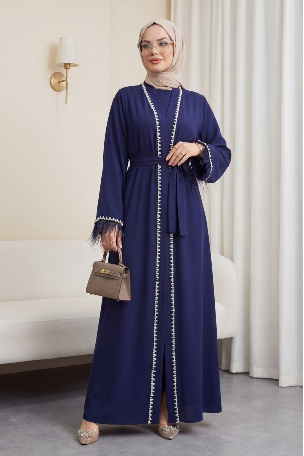 Abaya with Feathered Sleeves and Row of Stone Details, and Belt  -Navy blue