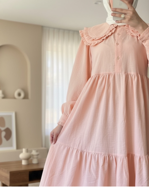 Bebe Yaka Fırfırlı Parçalı İthal Keten Elbise   -Yavruağzı