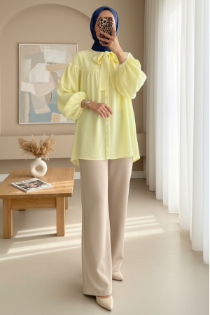 Yakası Fiyonk Detaylı Kolu Lastikli Düğmeli Keten Tunik -Açık Sarı
