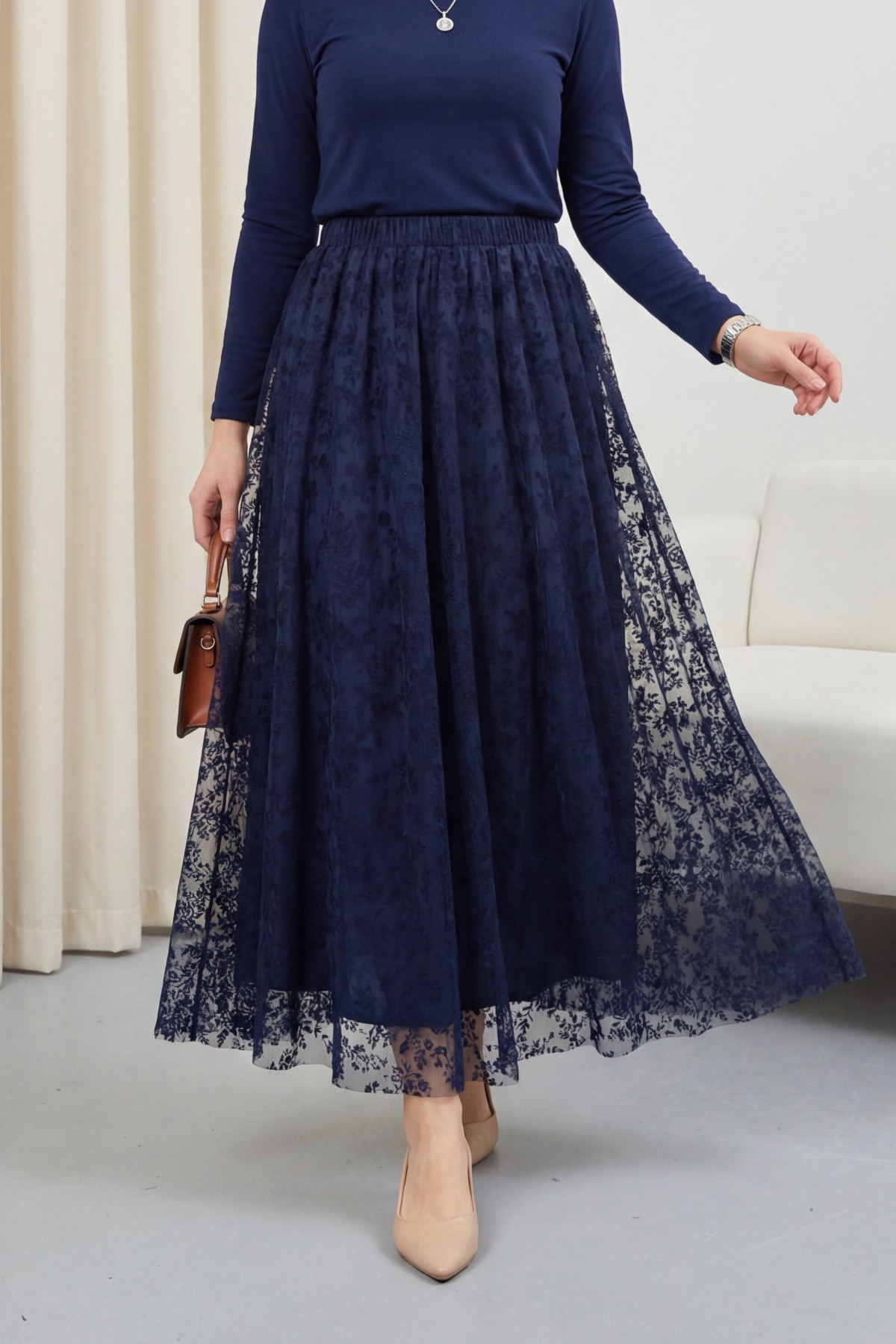 Elasticated Waist Flog Print Lined Tulle Skirt -Navy blue
