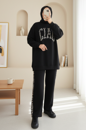 Önü Yazılı Leopar Deseni Detaylı Üç İplik Sweat Takım  -Siyah