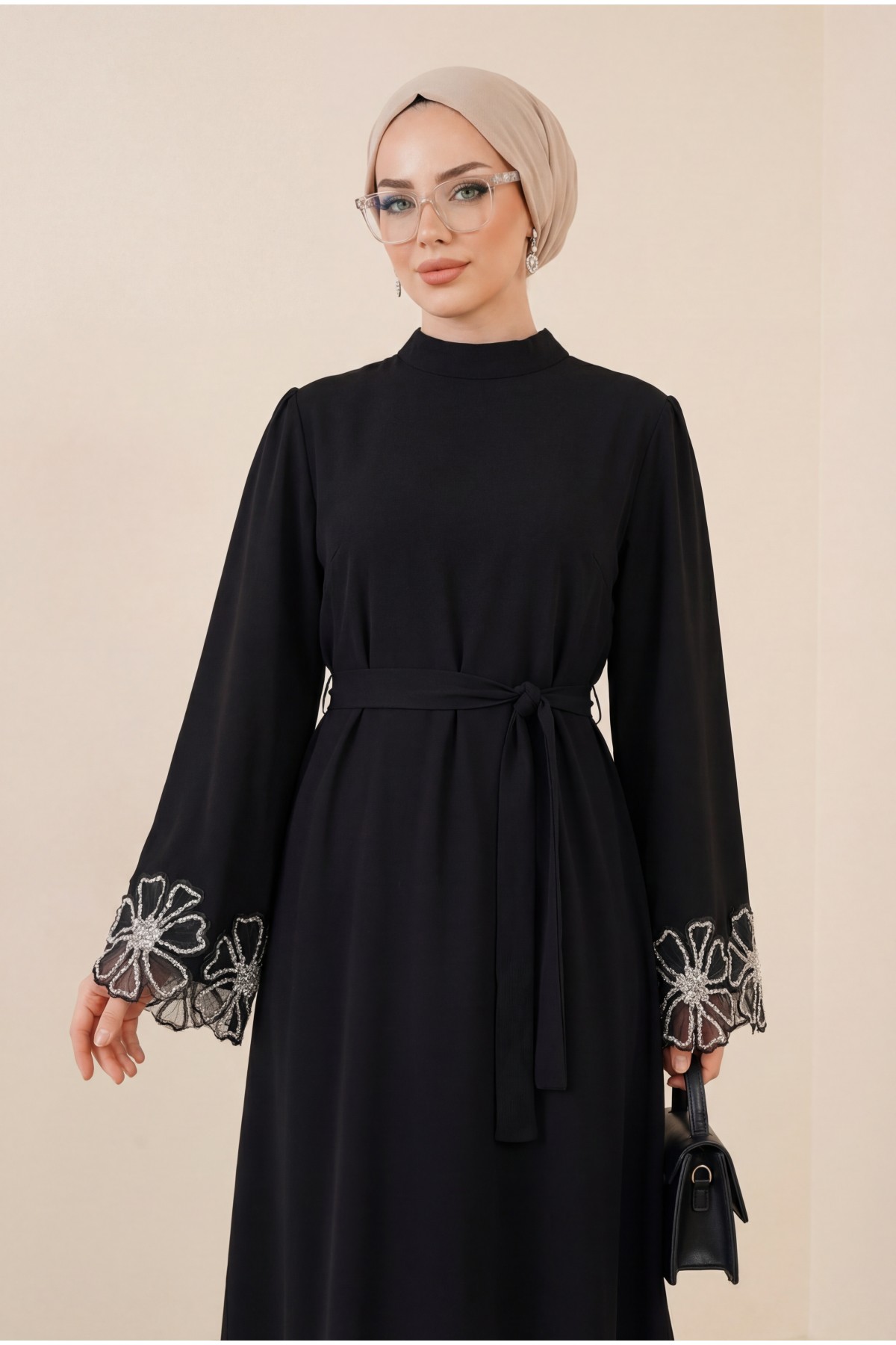 Lace-up crepe dress with floral stone details on sleeves and hem. -Black