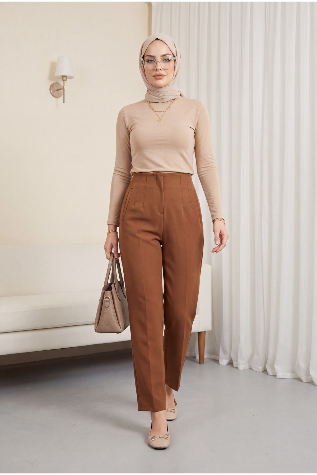 Pleated Zipper Slim Leg Trousers -Brown