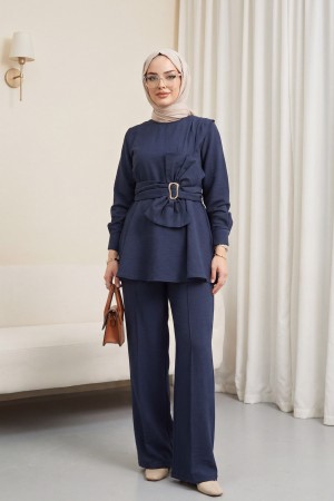 Beli Tokalı Fiyonk Detaylı Pantolonlu Cupra Takım  -Lacivert