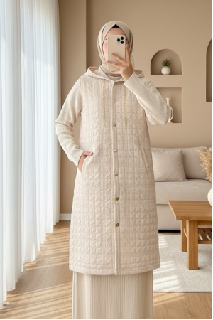 Kapşonlu Zincir Detaylı Cepli Kapitone Yelek -Taş