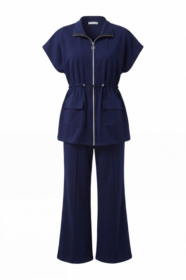 Oysho Vest and Trousers Set with Stand-Up Collar, Zipper, Pockets, and Elastic Waist -Navy blue