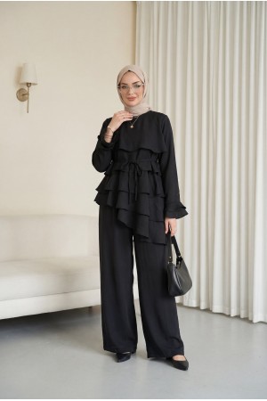 Asimetrik Kat Detaylı Bağcıklı Pantolonu Astarlı Cupra Takım  -Siyah