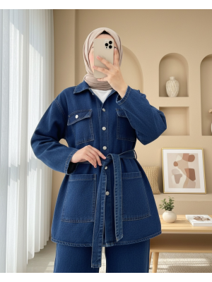 Beli Kemerli Cepli Önü Düğmeli Kot Takım -İndigo