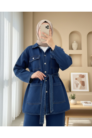Beli Kemerli Cepli Önü Düğmeli Kot Takım -İndigo