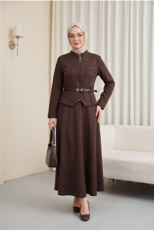 Önü Fermuarlı Cep Detaylı Beli Kemerli Etekli Diagonal Takım -Kahve