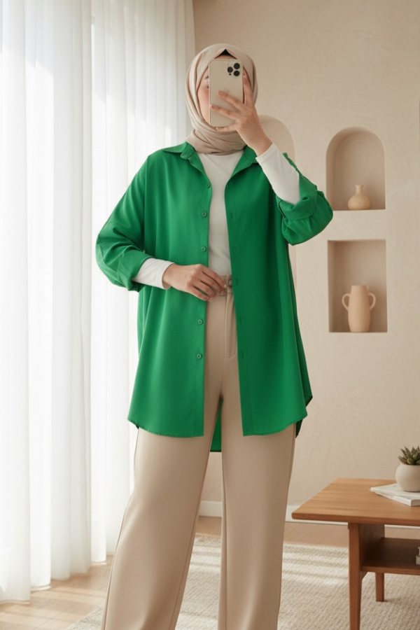 3900 Oversize Uzun Basic Gömlek - Yeşil