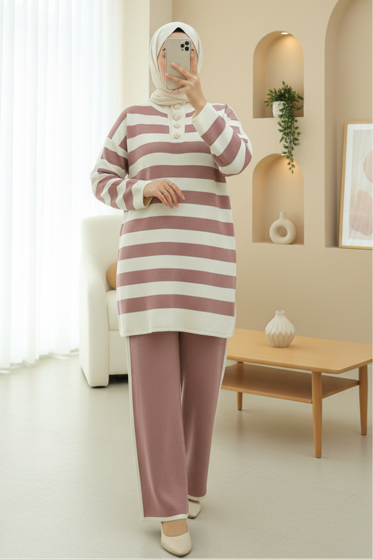 Half-Turtleneck Buttoned Collar Thick Striped Knitwear Suit -Dried rose