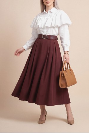 Kalın Kemerli Önü Pileli Yan Cepli Fermuarlı Tivil Etek -Bordo
