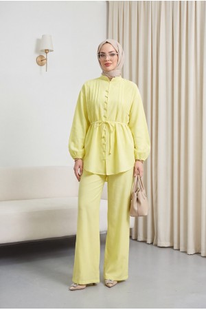 V-Neck Tunic Trouser Set with Laced Sleeves and Buttons -Yellow