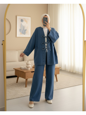 Front Tie Pocket Trouser Denim Kimono Set -Dark blue
