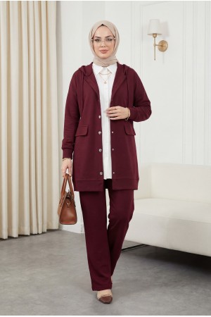 Kapşonlu Kapaklı Cepli Pantolonlu Takım    -Bordo