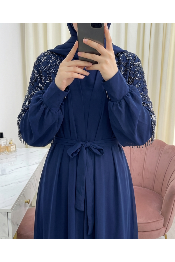 Two-Piece Abaya Set with Cut Beads and Belt -Navy blue
