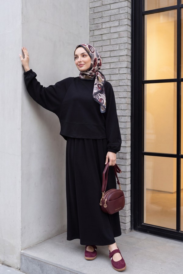 Bisiklet Yaka Yarasa Kol Oversize Lastikli Etekli Penye Takım -Siyah